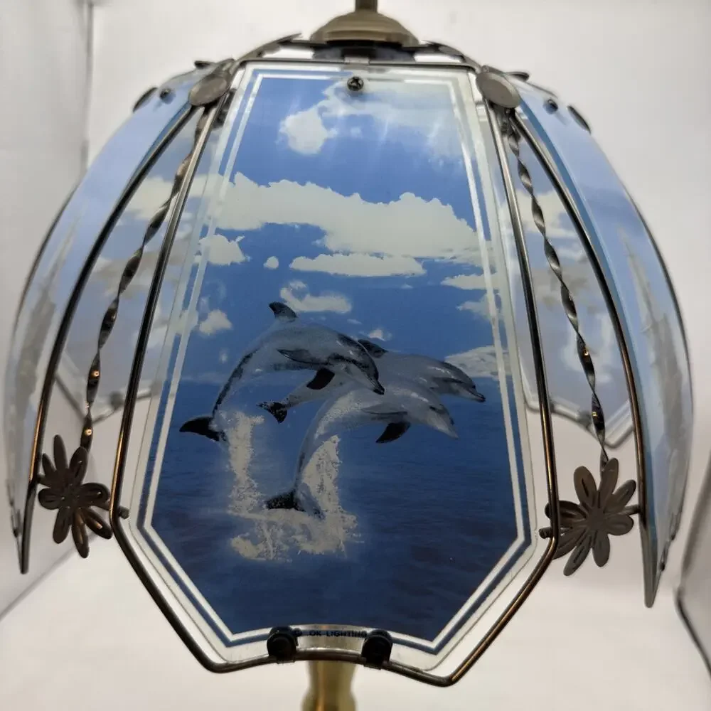 Vintage Y2K OK Lighting Touch Lamp, Marine Dolphins Shade, Gold Metal base
